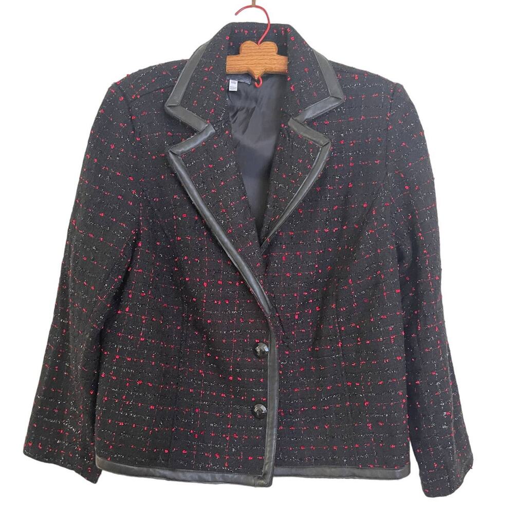 Vintage Y2K Fashion Bug Faux Leather Trim Black & Multi Tweed Style BLAZER 18W